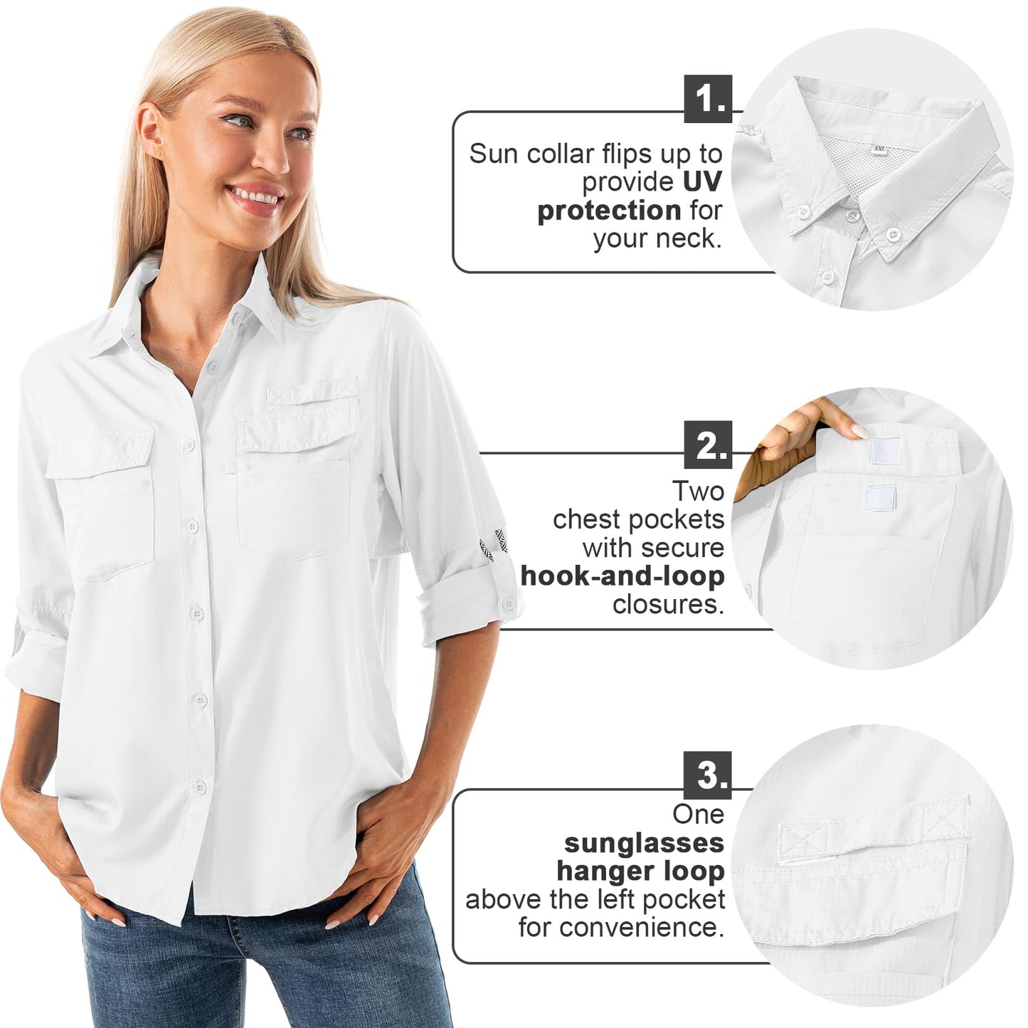 Womens Safari Shirts Long Sleeve Outdoor Sun Protection Quick Dry Fishing Hiking Shirts (5026 White S)