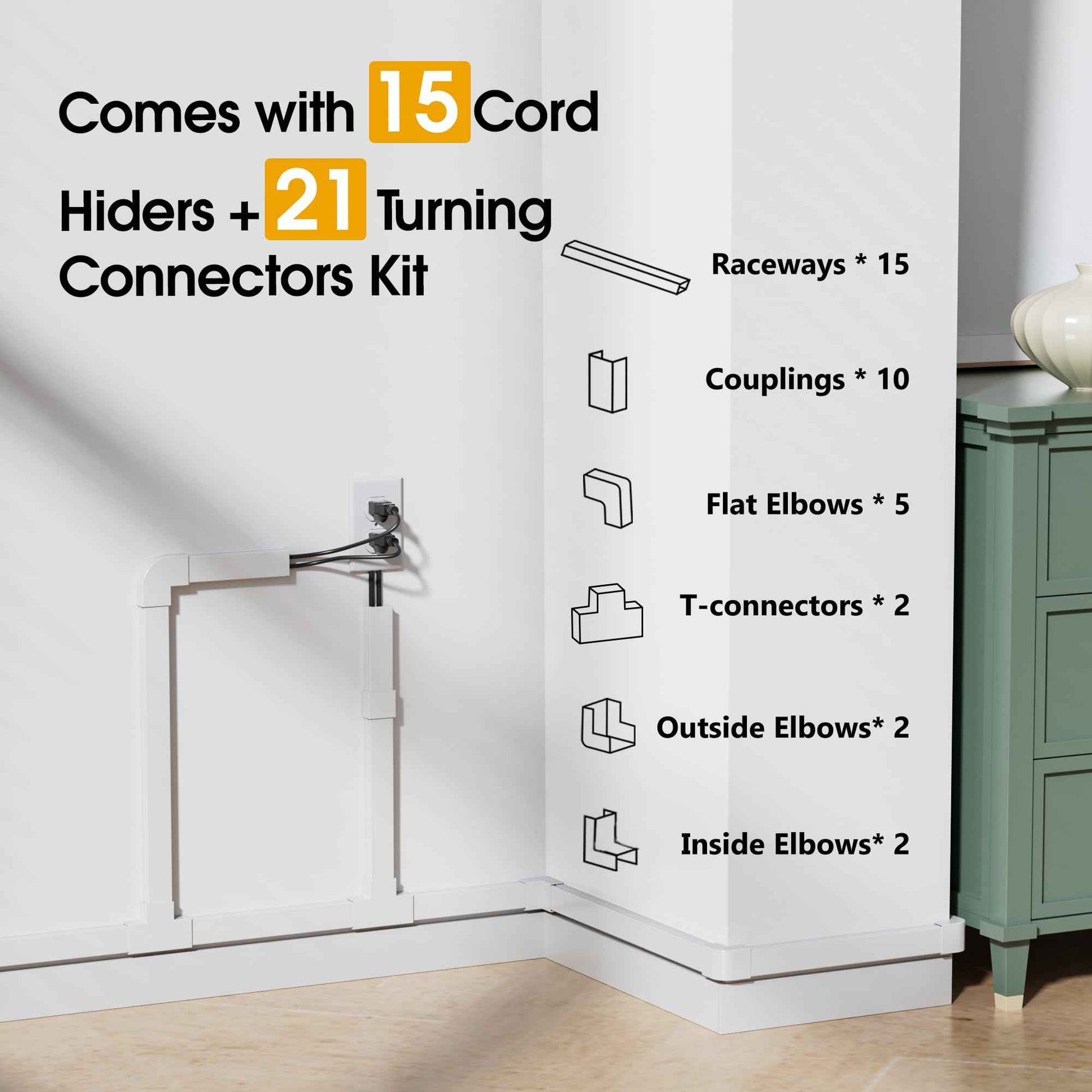 212.6in Cord Covers for 2-3 Wires on Wall, TV Cord Hider Wall, Paintable Cable Hider Raceway, Easier Set-up Wire Hider Wire Covers for Cords on Wall, Self-Adhesive Cable Cover, W0.95 H0.55in, White