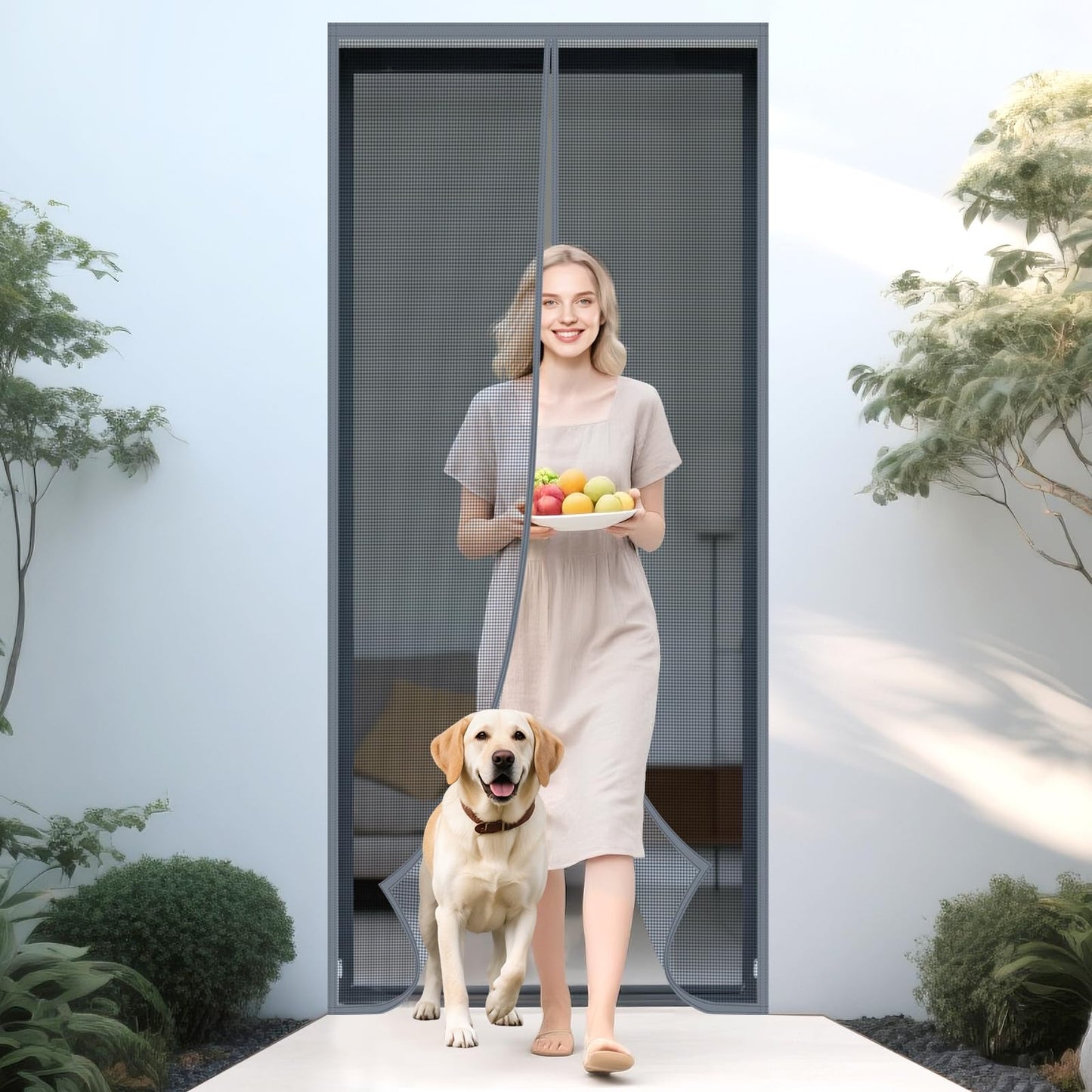 ABXMAS Magnetic Screen Door 36" x 81" Grey, Mesh Magnets Door Screen with Buckles Stay Open Option, Heavy Duty Enhanced Screen Mesh, Self Sealing, Hands Free