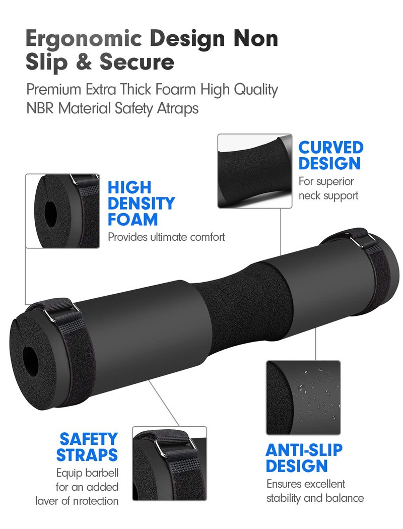FEIERDUN Squat Pad Barbell Pad for Squats, Pad for Lunges and Hip Thrusts - Foam Sponge Pad Provides Relief to Neck and Shoulders While Training - Fit Standard and Olympic Bars Perfectly Black