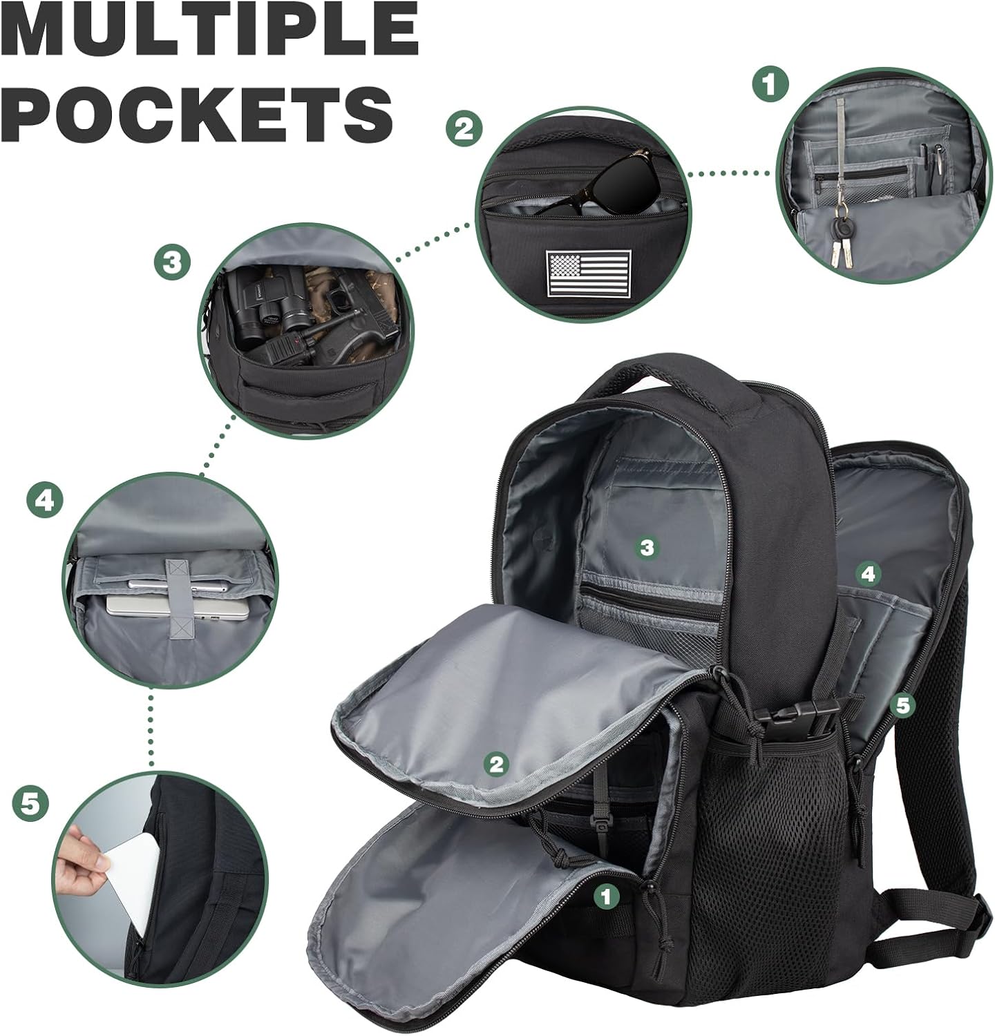 TBNBO Military Tactical Backpack - 25L Black Hiking Bag with Side Bottle Holders for Men