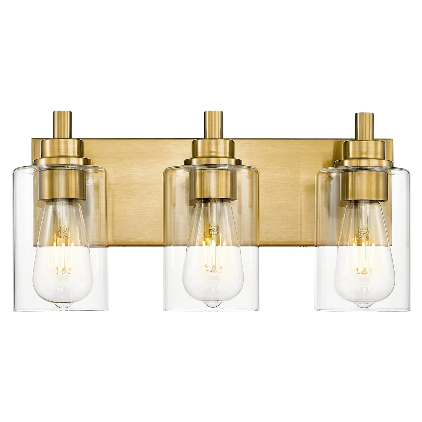 METWET 3-Light Bathroom Light Fixtures, Brushed Gold Vanity Light with Cylinder Clear Glass Shade, Modern Vanity Lighting Fixtures Over Mirror, VL143-BG-3