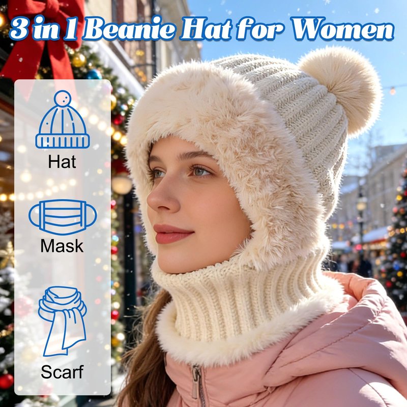 3 in 1 Beanie Hat for Women, Upgrade 3 in 1 Beanie Hat with Scarf and Mask, Fall Winter Warm and Windproof Knitted Ski Scarf and Mask Set, Thick Plush-Lined (Black)