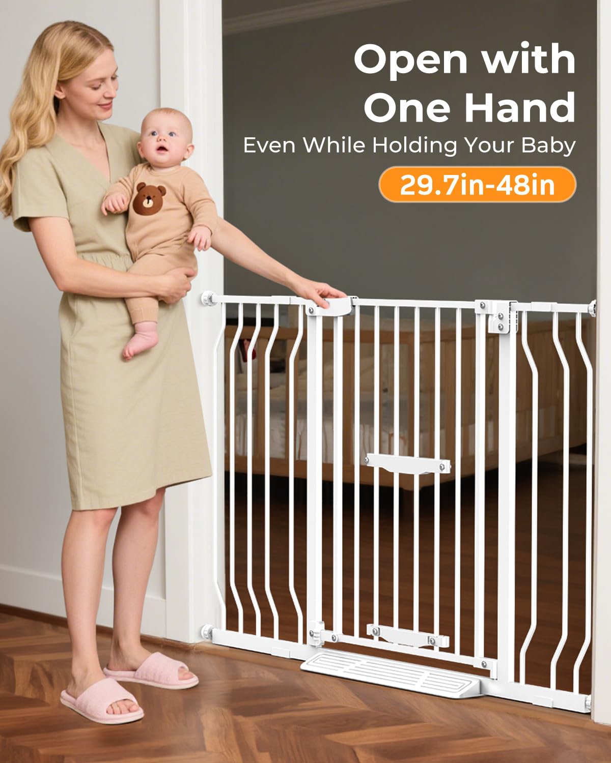 30"-48" Extra Wide Baby Gate with Adjustable Cat Door (5 Height Settings), 30.5" Tall, No-Drill Pressure Mount, Includes 2 Extensions, Pet & Toddler Safety Gate for Kitchens, Stairs, and Doorways