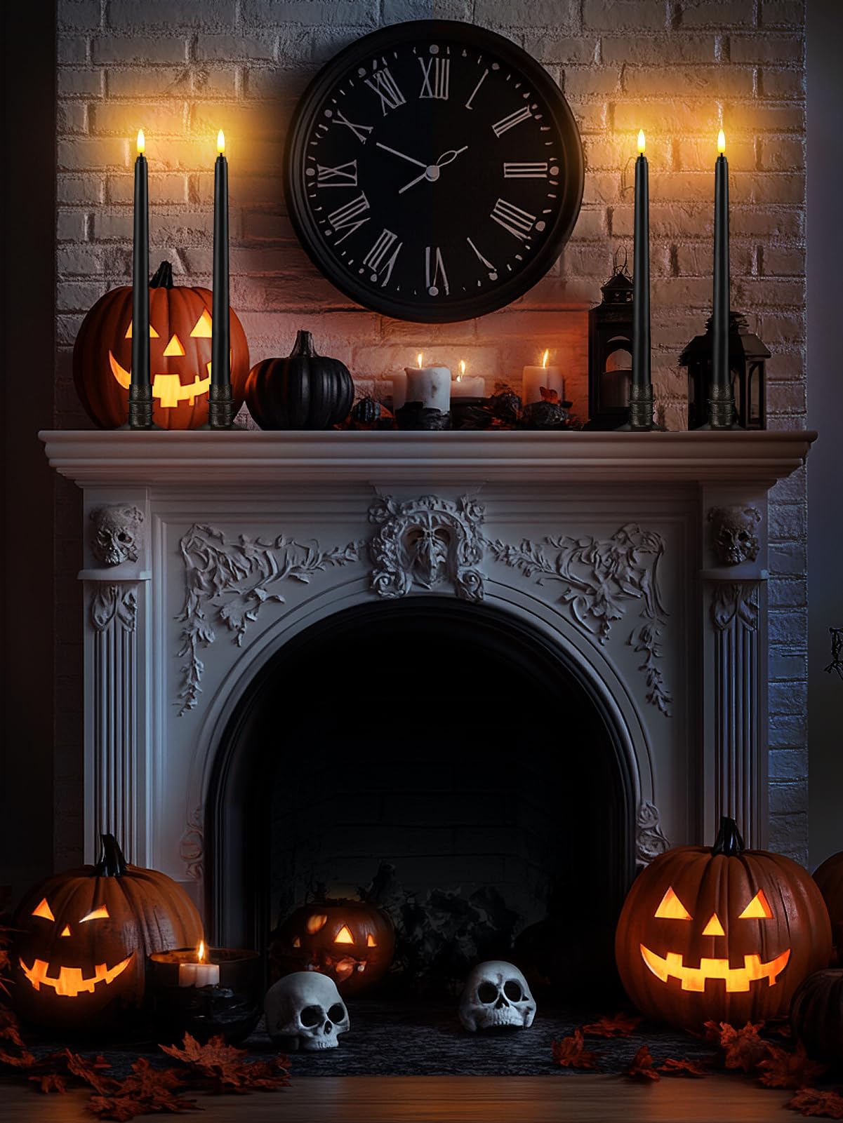 Black Halloween Flameless Candles with Timer & Bases - 6 Pack 13" LED Flickering Taper Candlesticks Battery Operated, Smokeless Dripless for Fireplace Table School Bar Halloween Decor