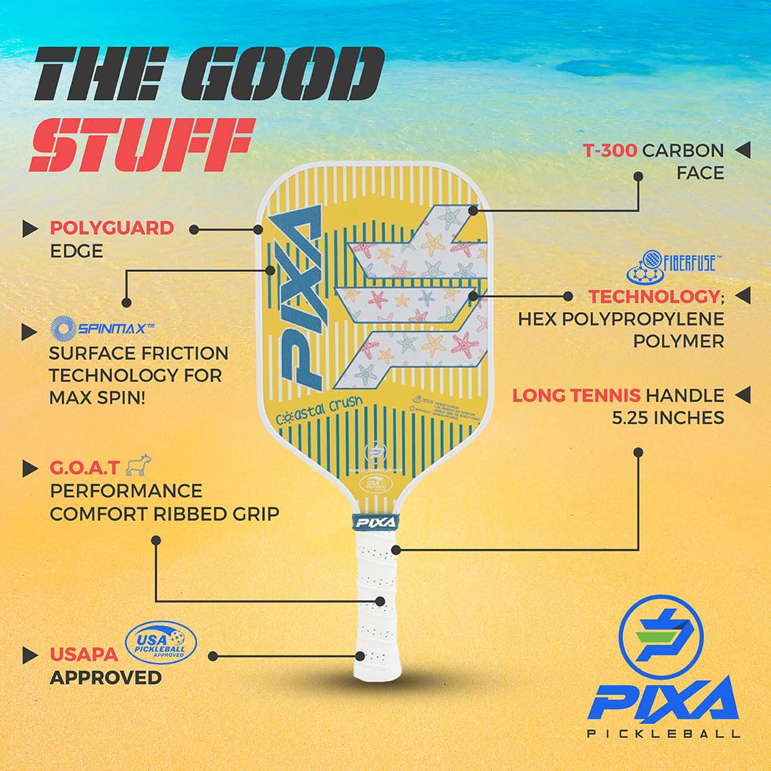 Coastal Crush T300 Carbon Fiber Pickleball Paddle – Grit-Textured Surface for Spin & Control, Polypropylene Honeycomb Core, Tennis-Length Handle, Lightweight, USAPA Approved – PIXA Pickleball
