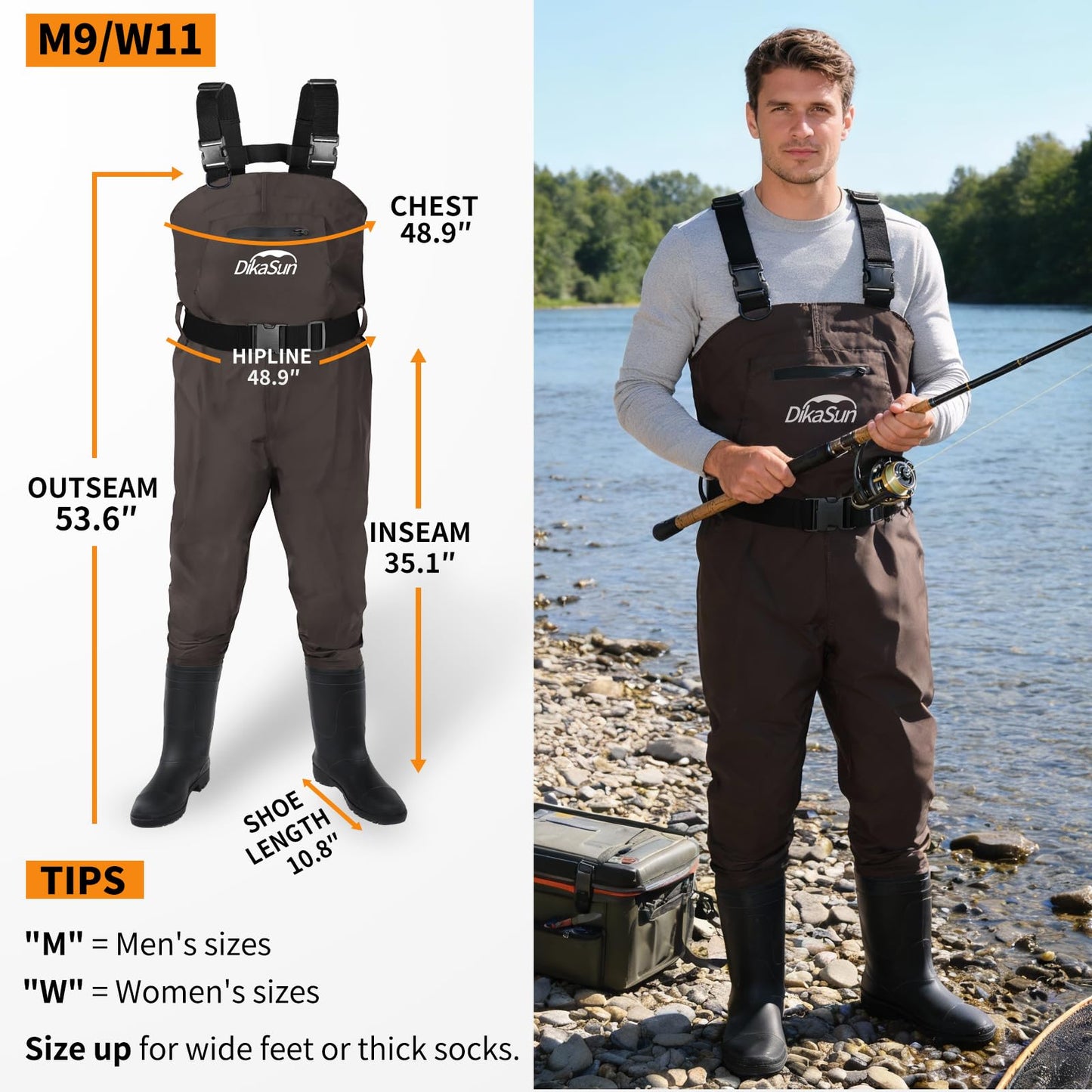 DikaSun Fishing Waders for Men & Women, Waterproof 2-Ply Nylon/PVC Chest Wader with Boots for Outdoor Sizes 4-13 Bootfoot(Brown, M10/W12)
