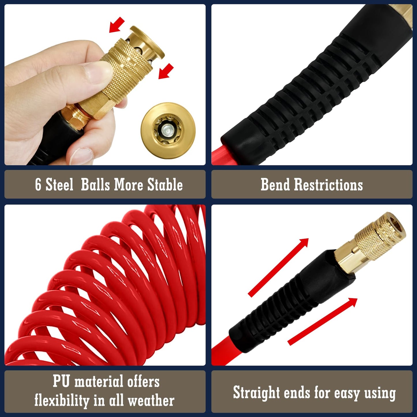 WHISPERING WONDER 1/4 in x 25 ft Polyurethane Air Hose with Bend Restrictor, Air Compressor Hose with 1/4 Solid 100% Pure Copper Quick Connect Fittings and I/M Plug Kit, Red