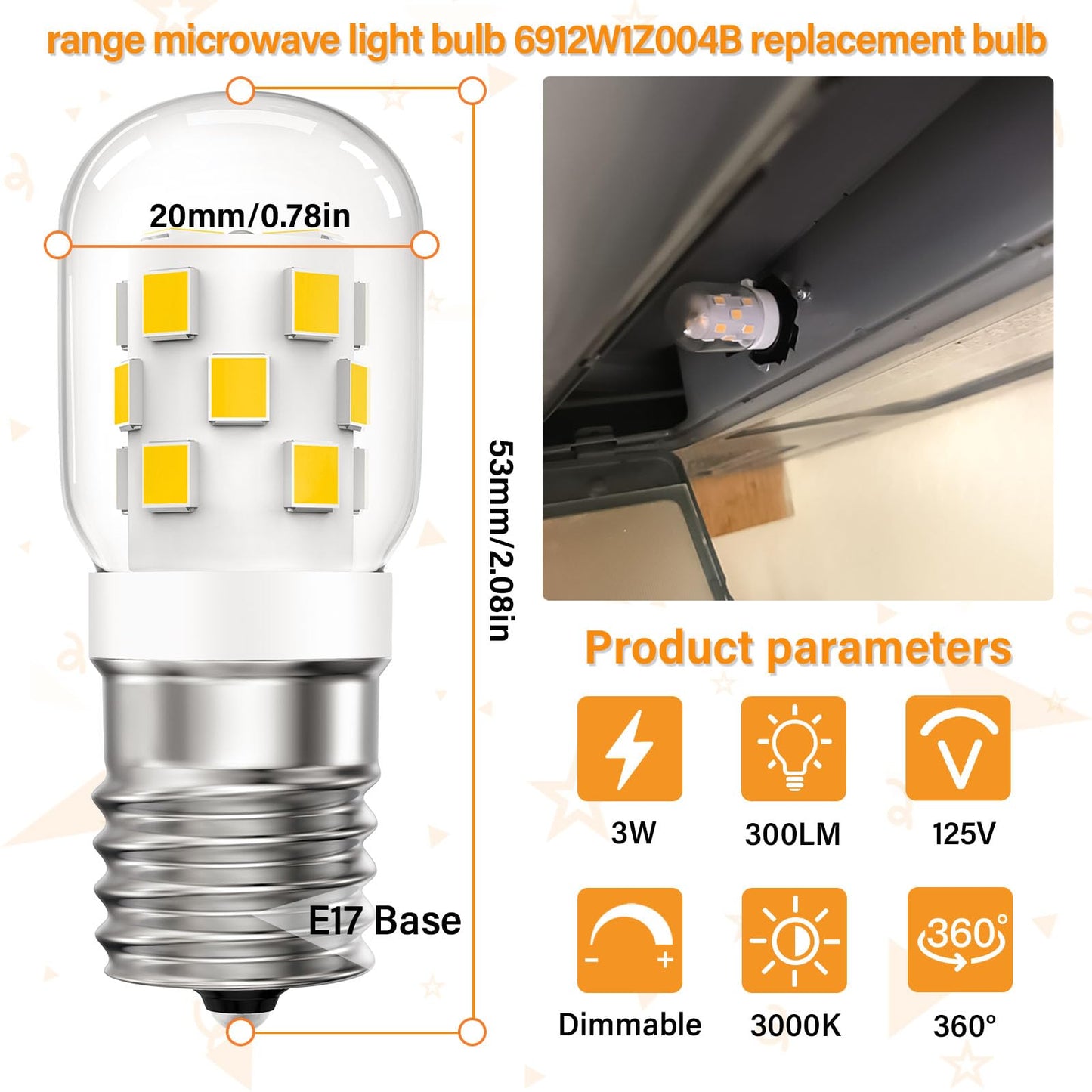 LED Microwave Light Bulbs Under Hood 30W Equivalent,Fit for LG Frigidaire Kenmore Whirlpool GE Over The Range Microwave,Dimmable Warm White 3000K,125V 3W E17 Base,Repalces 6912W1Z004B,2 Pack