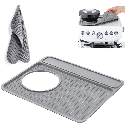Dunkive Espresso Machine Tamping Mat Accessories Compatible with Breville 870/880, Espresso Tamper Mat and Microfiber Cloths, Food Grade Silicone and Barista towel for Coffee Bar Accessories(Gray)