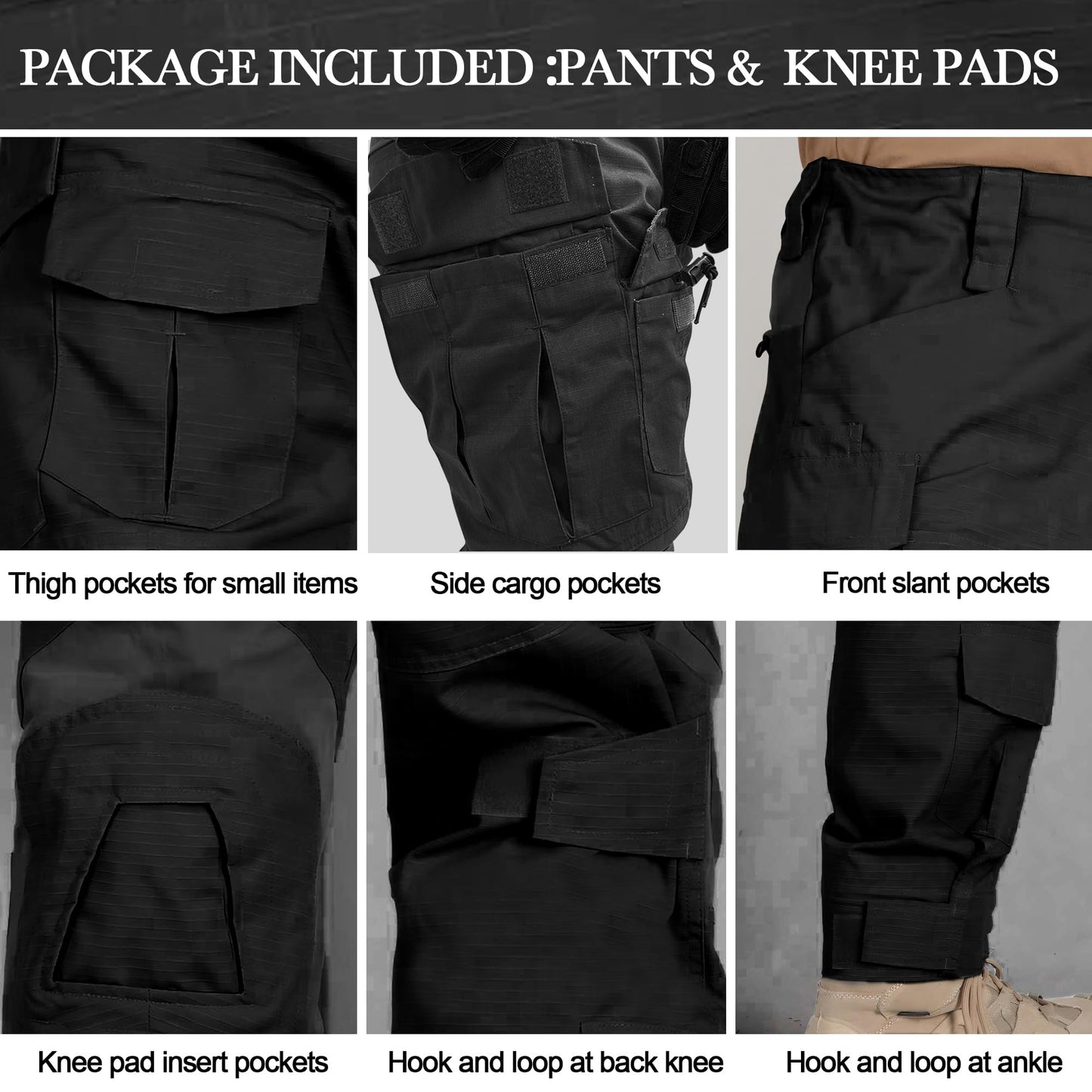 MERJAZ Men's Tactical Pants with Knee Pads Black 36