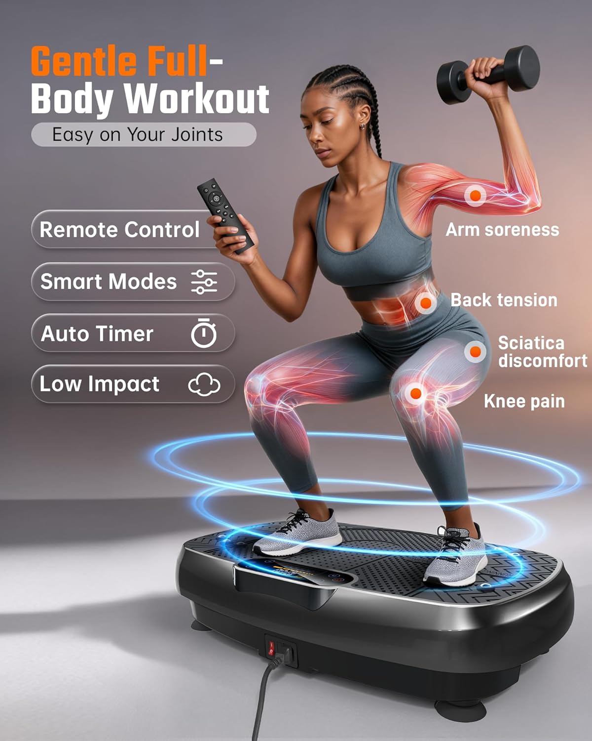Renoj Vibration Plate - Full Body Workout Machine for Weight Loss | LED Display, Speaker & 2 Bands - Black