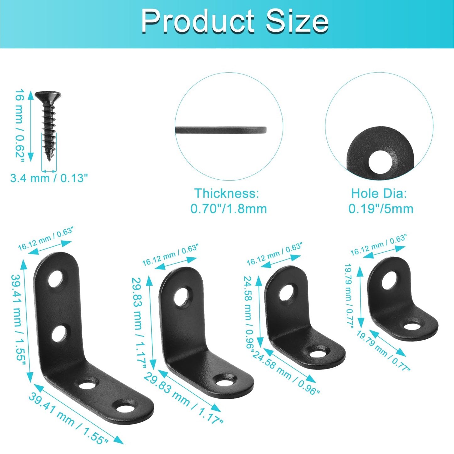40 Pack L Shaped Corner Bracket Black 90 Degree Right Angle Metal Braces 20mm/25mm/30mm/40mm Mending Repair Plate for Furniture, Cabinets, Chairs