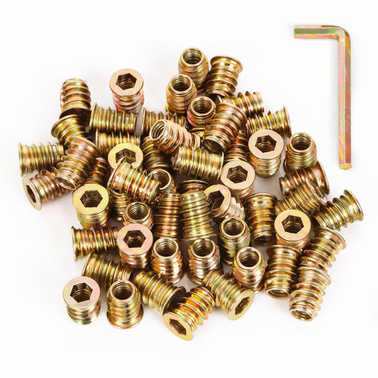 M8-1.25 x 15mm Threaded Insert for Wood Furniture Screw in Nut Threaded Wood Inserts Bolt Fastener Connector, Zinc Plated Carbon Steel, 50 PCS (with Hex Spanner)