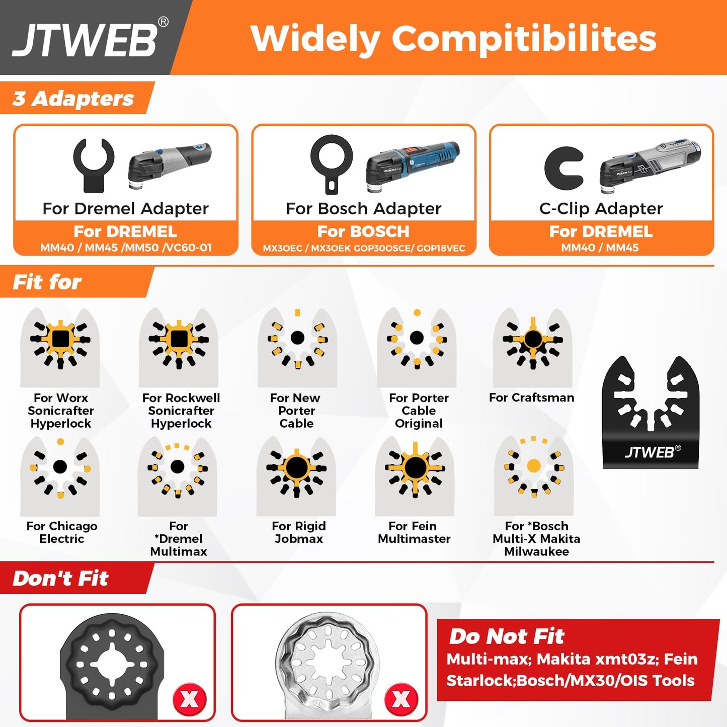 JTWEB Titanium Oscillating Tool Blade, 5PCS Oscillating Saw Blades Metal Cutting Multi Tool Blades Kits Wood and Metal Nails Plastic, Multitool Blades for Milwaukee Bosch Dremel Rockwell