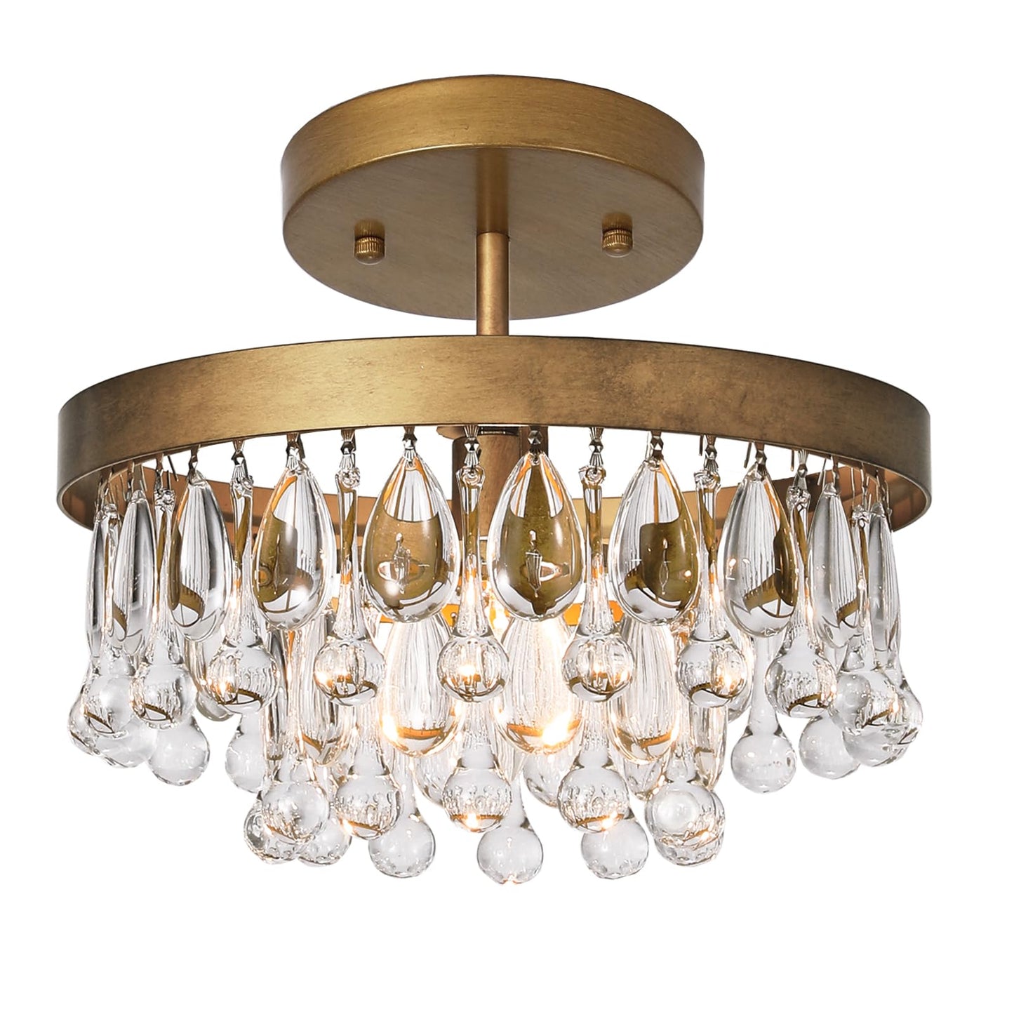 SEOL-Light Antique Gold Crystal Round Tiered Flush Chandeliers Small Pendant Light Fixture for Kitchen,Closet,Entryway,1 Light,40W,E12,12 Dia*6" H;