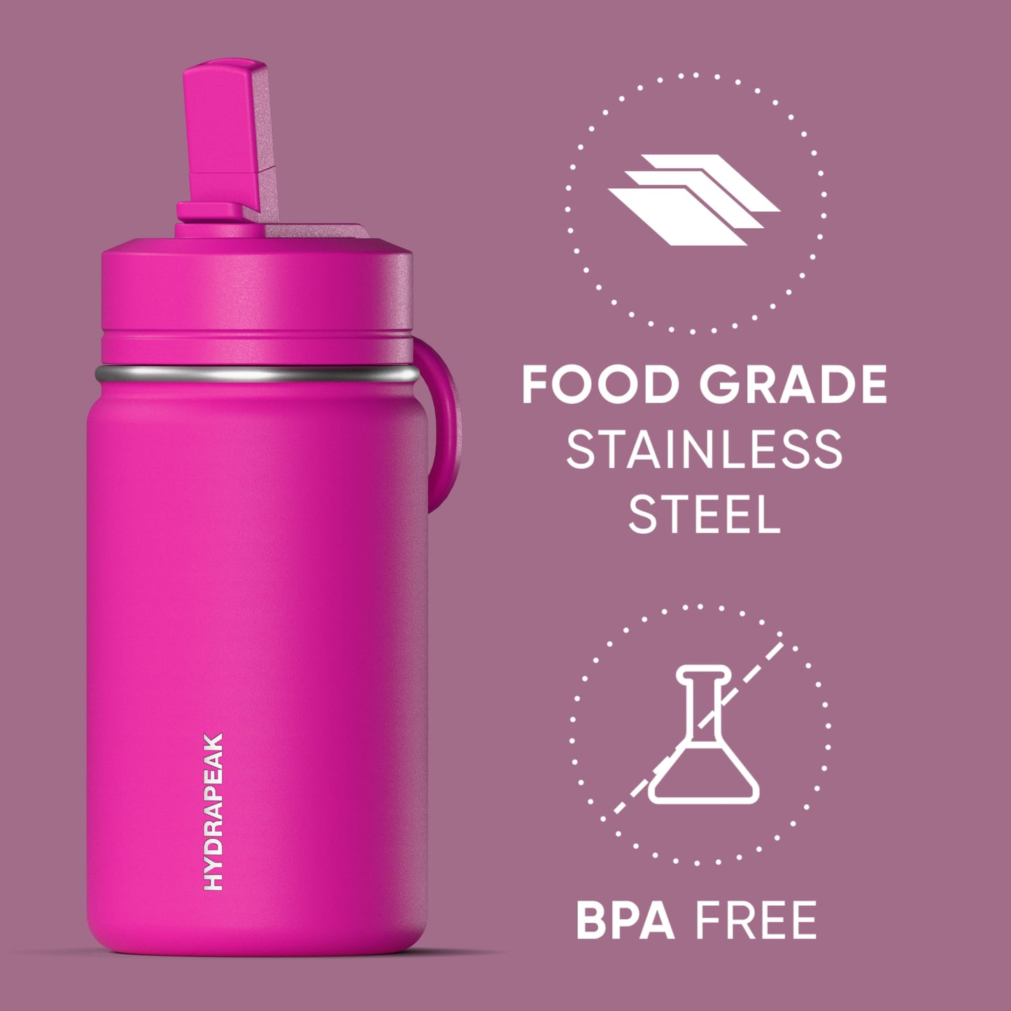 Hydrapeak Mini 14oz Water Bottle with Straw Lid, Insulated Water Bottle, Water Bottle Stainless Steel, Water Bottles (Fuchsia)