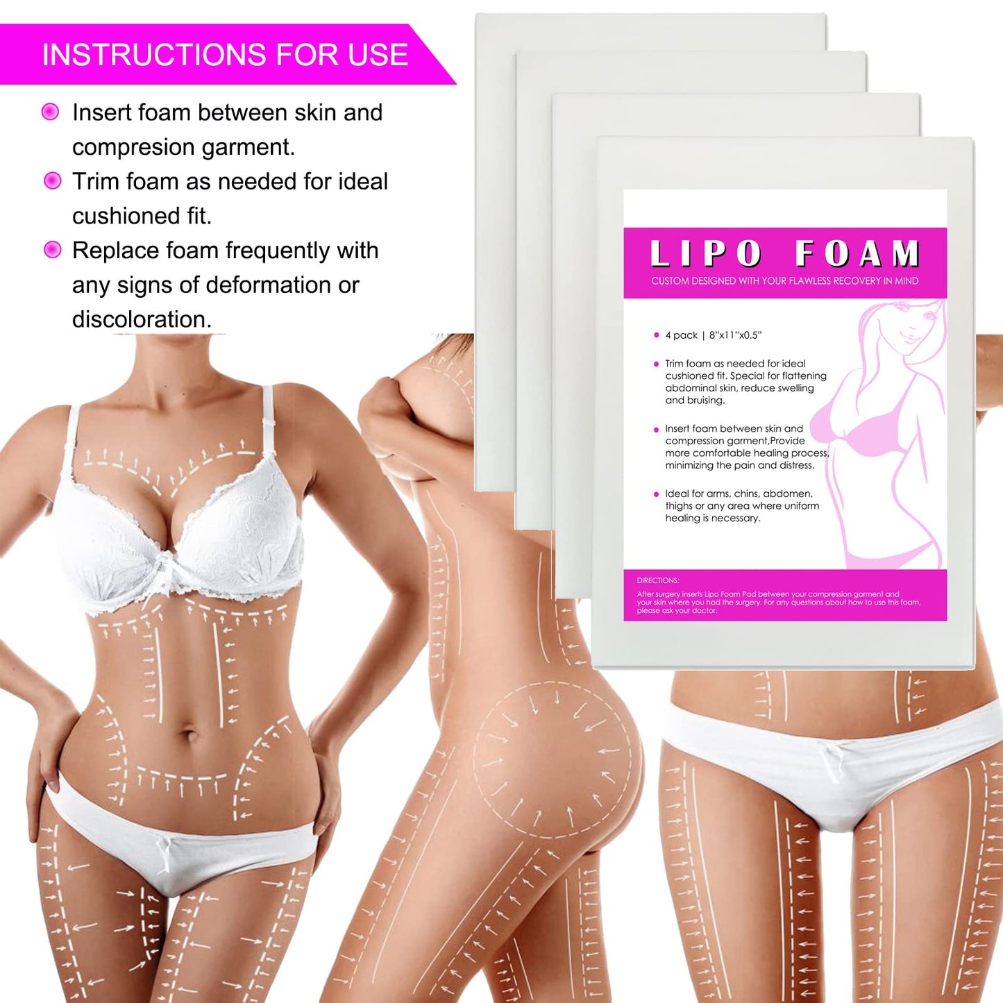 Gepoetry 4 Pack Lipo Foam Post-surgical Ab Board Flattening Abdominal Compression Board for using with Post Liposuction Surgery Compression Garments Foam pads for Recovery 8"X11"