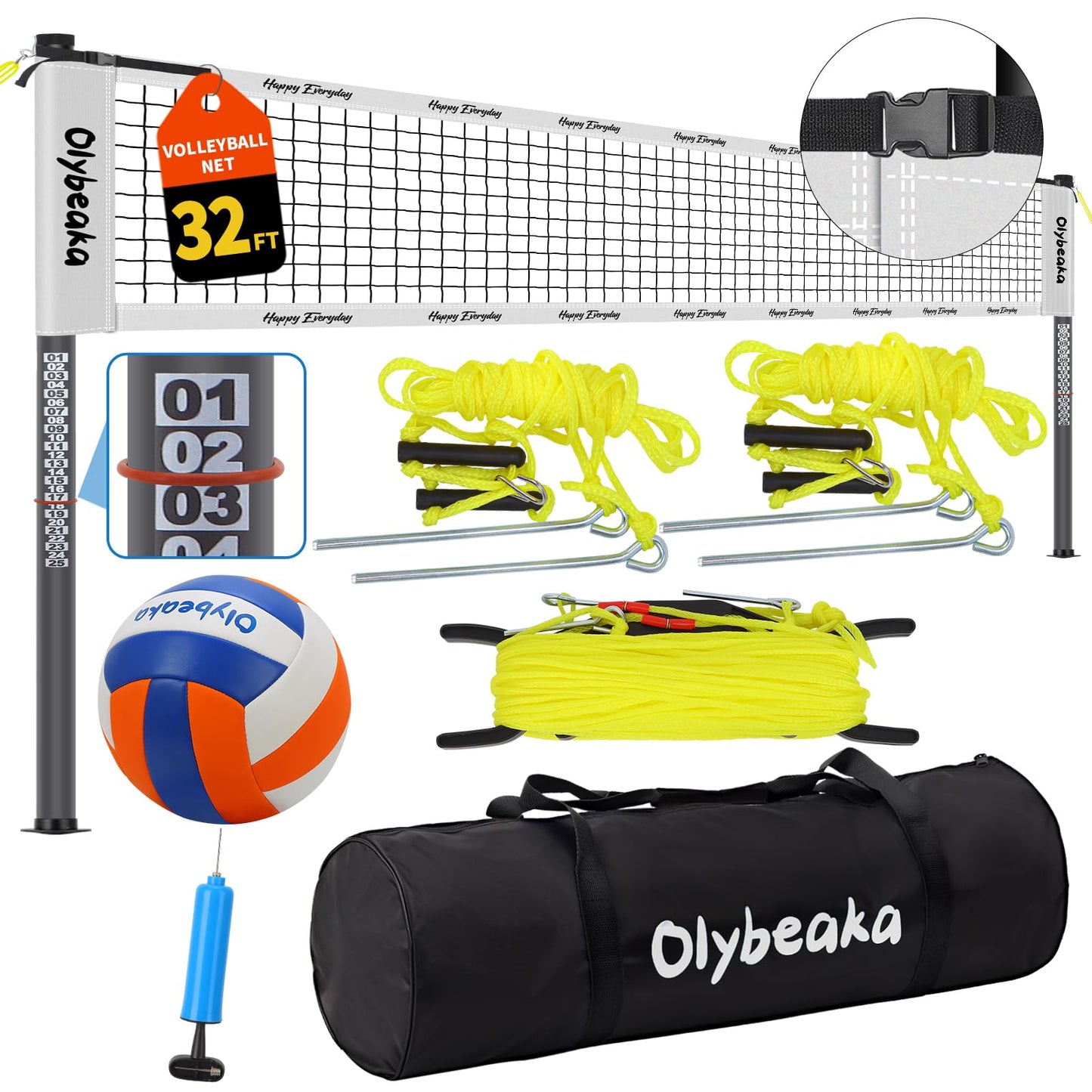 32ft / 20ft Portable Outdoor Volleyball Net Set for Grass Backyard Beach with 1.25" Height Adjustable Steel Poles, 28-ply Durable PE Net, PU Volleyball & Pump, Carry Bag (White, 32ft)