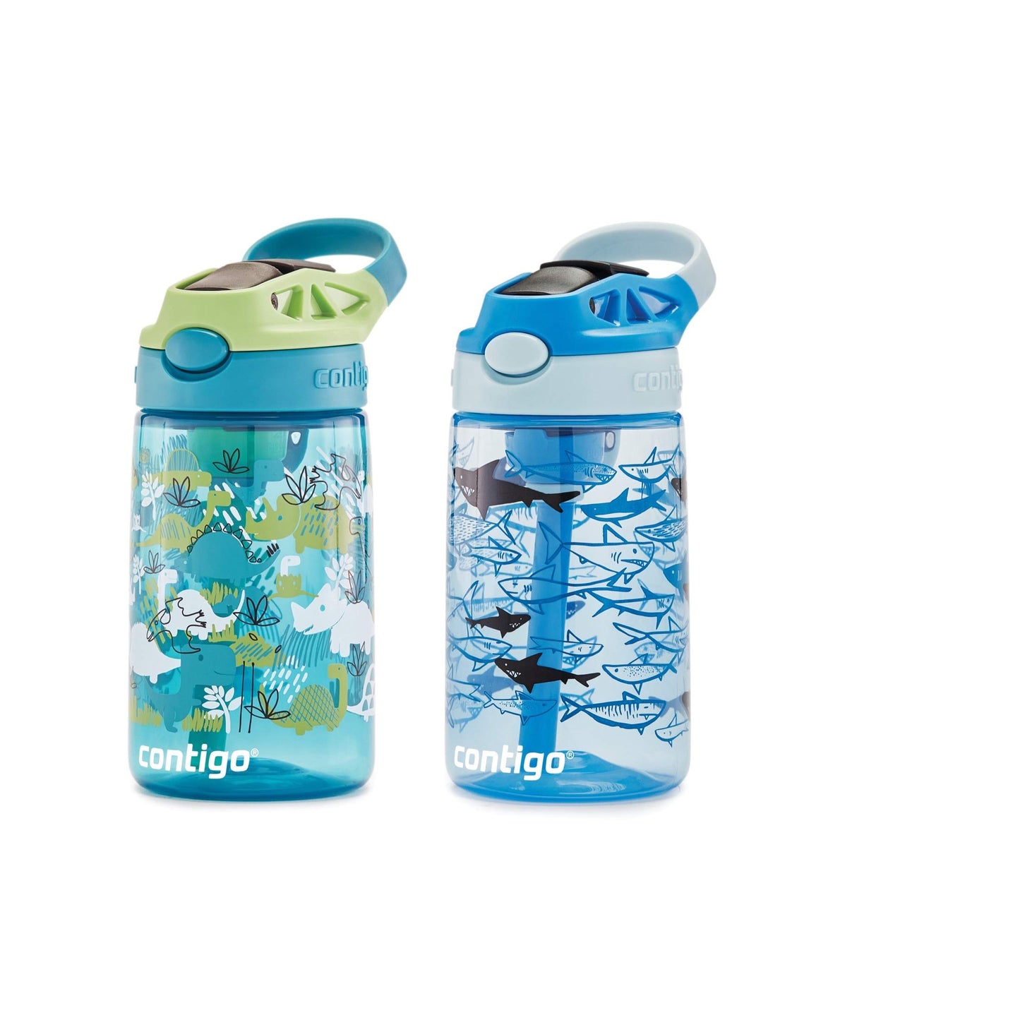 Contigo Aubrey Kids Water Bottle,14oz,Dinos & Sharks,Spill-Proof Lid,Dishwasher Safe,Blue & Green,(Pack of 8)