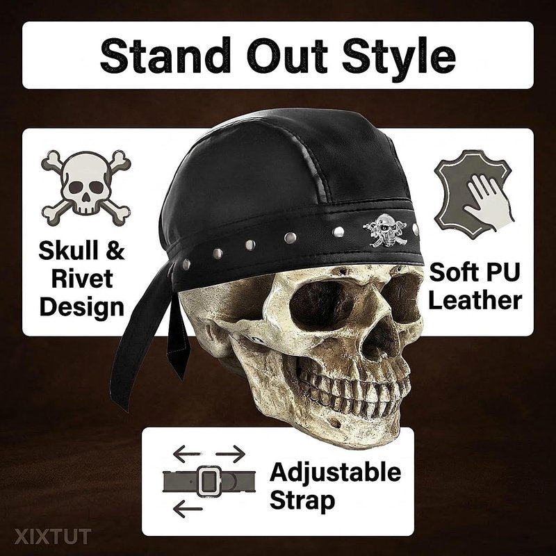 XIXTUT Leather Skull Cap Bandana Doo Do Rag for Women/Girl Biker Party Leather Studs Headwrap for Motorcycling Men Black