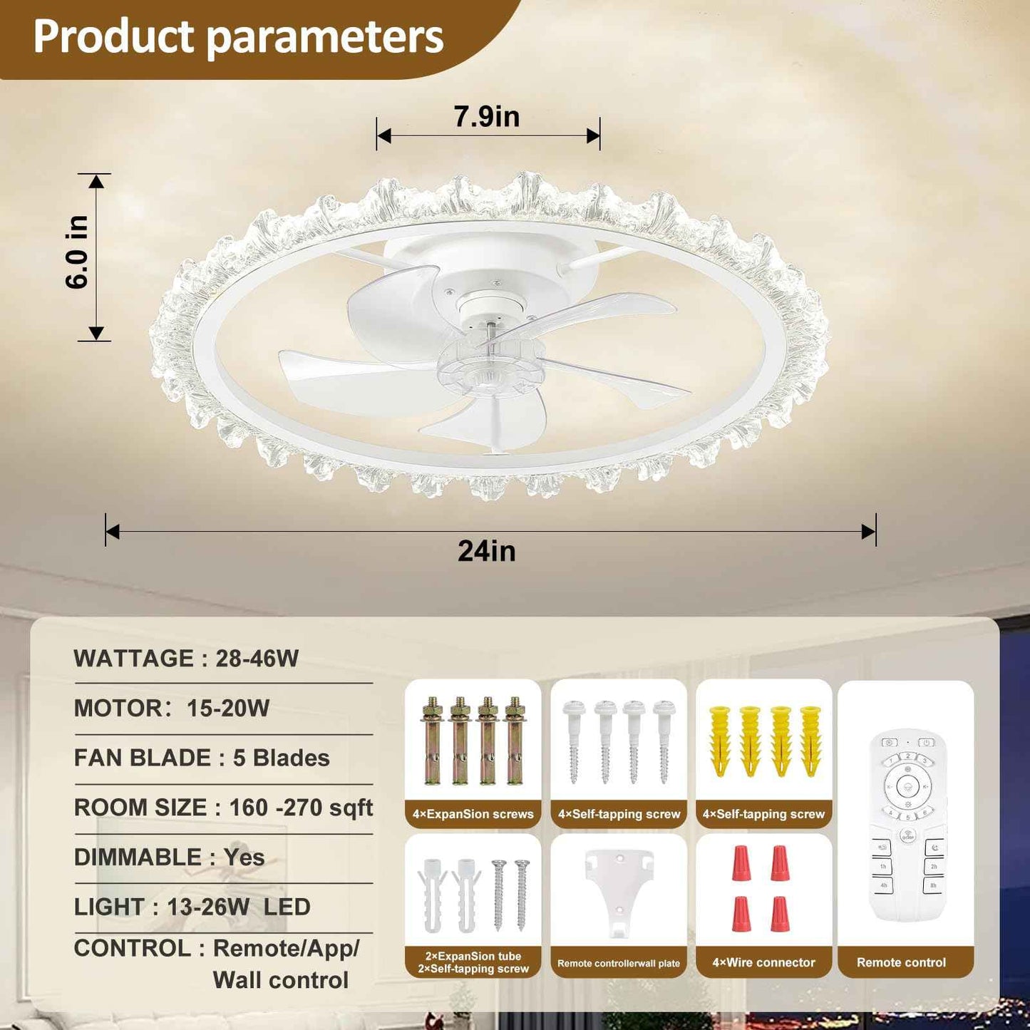 FTZVRD Ceiling Fans with Lights, 24 Inch Ceiling Fan with Light and Remote, Low Profile, Reversible, Dimmable LED, Flush Mount, DC Motor, Fandelier White Ceiling Fan for Bedroom, Kitchen, Office