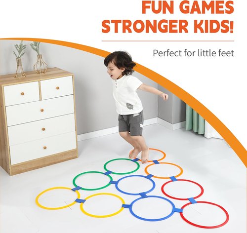 Hopscotch Rings - 10 Round Hoops (11-Inch) + 15 Connectors | Agility Rings for Kids, Build Motor Skills