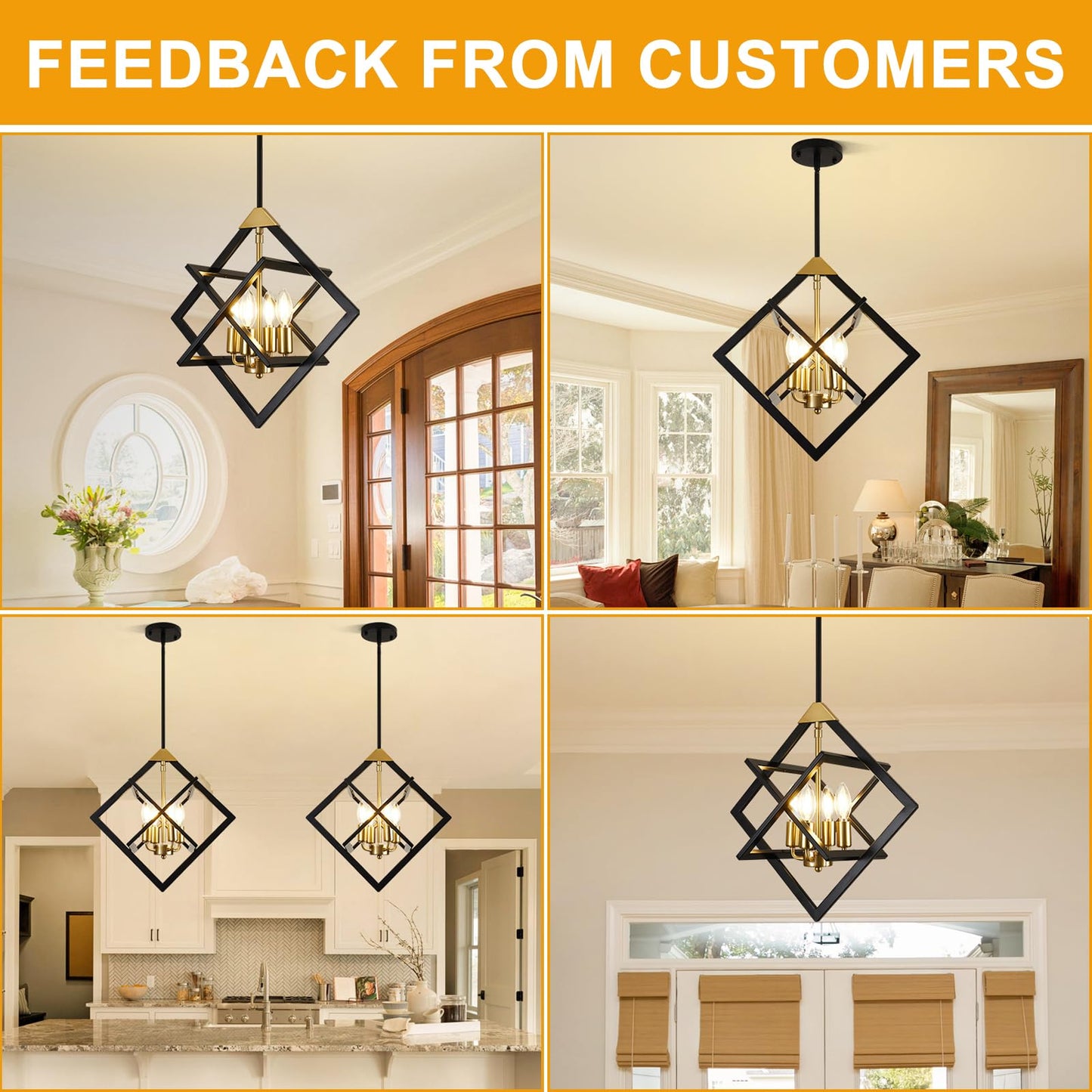 18" Farmhouse Chandelier, 4-Light Geometric Ceiling Dining Room Fixture, Modern Industrial Foyer Lighting Fixtures, Black and Gold Hanging Pendant Lights for Bedroom, Kitchen Island, Hallway, Entryway