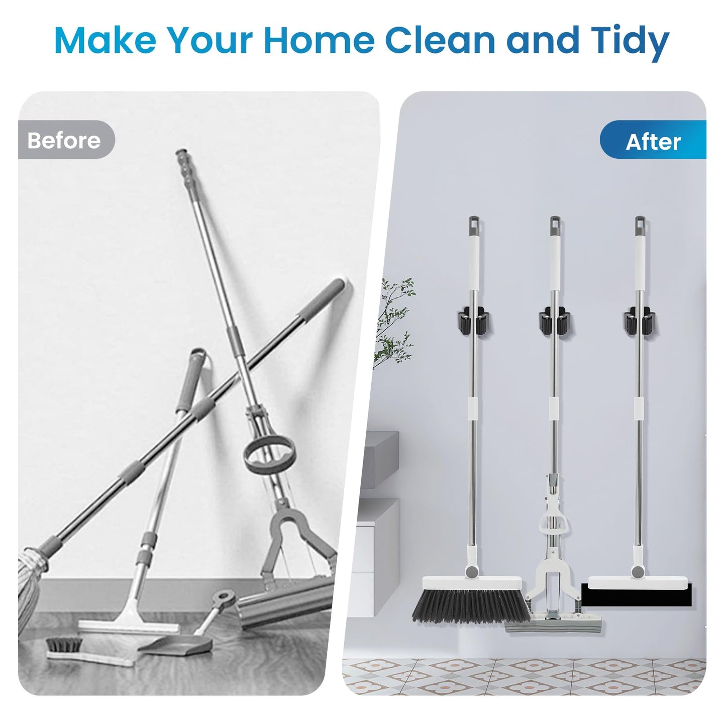 Yiows Broom Holder Wall Mount, 7PCS Broom Hanger Wall Mount, Stainless Steel Heavy Duty Mop Holder Broom Mop Hanger Wall with Screws, Garden Outdoor Tool Organizer Rack Broom Hanger (Black)