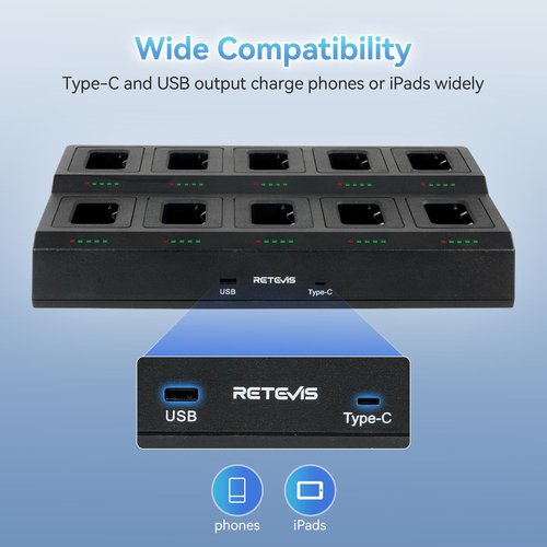 Retevis RT68 10-Way Charger, Multi Unit Rapid Charger, for Retevis RT68 RT68H NR10 Walkie Talkie and Battery, 5 LED Indicators, Individually Replaceable Base, AC/DC Adapter,Multiple Protection(1 Pack)