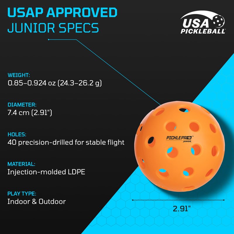 PicklePro Junior Outdoor & Indoor Pickleball Balls for Beginners – Lightweight LDPE 40-Hole Design for Stable Flight, Durable Construction for Training and Youth Play, USAPA Compliant (12 Pack)