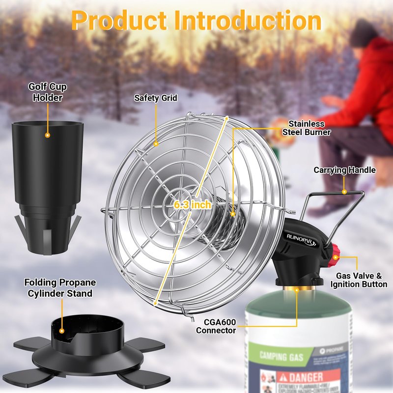 Golf Cart Heater,Portable Propane Camping Heater,2-in-1,with Cup Holder&Foldable Propane Cylinder Stand for EZGO Yamaha Club Car,Camping,Tents,Hunting,Ice Fishing(Fuel Cylinder not included)(2000℉)