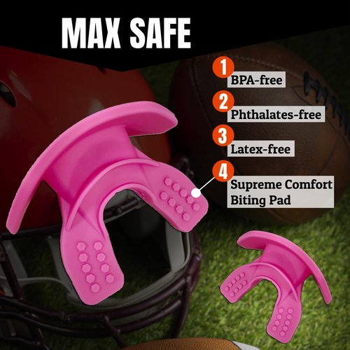 O Shield Mouth Guard for Football with Dual-Layer Protection, Built-in Air Channels, Extended Lip Shield, Soft Material, Adult and Youth Sizes with Strap/Case, Pink