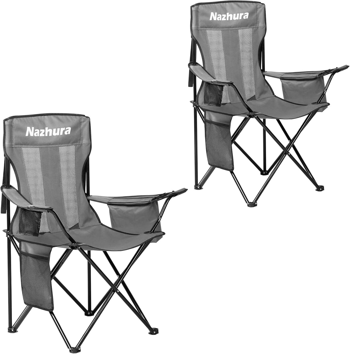 Nazhura Portable Folding Camping Chairs - Mesh Backrest & Cooler Pouch | Grey, Set of 2