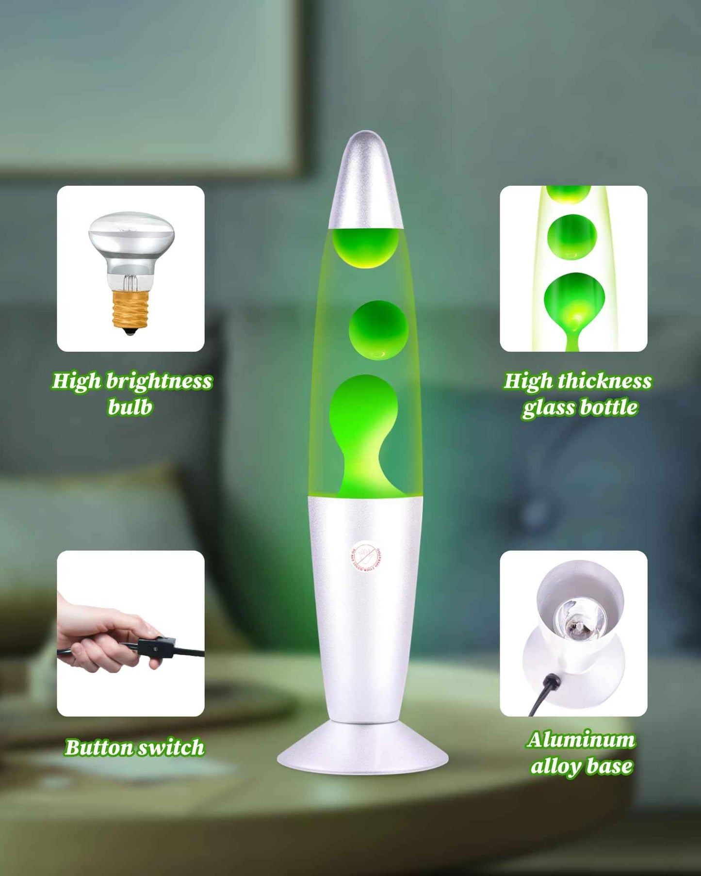 QQP Green Magma Liquid Motion Lamp,Sliver Base,Nightlight Light for Adults Teens Kids,Classic Decor Lamp for Office Bedroom and Living Room，13 Inches