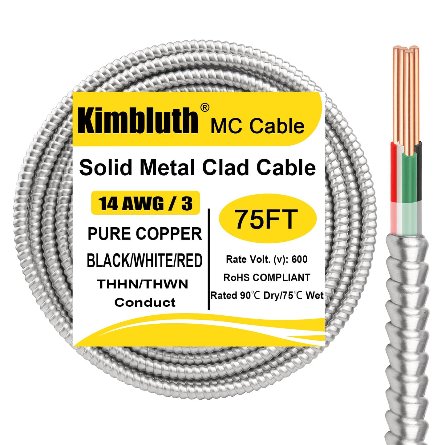 14/3 Metal Clad (MC) Cable with Ground 75ft, 14 Gauge Electric Wire with Aluminum Armor, Solid Bare Copper Conductors for Indoor Outdoor Underground Embedded Installation (14/3, 75 ft)