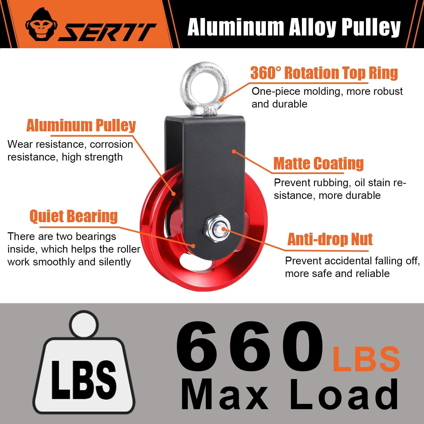 SERTT [1 Pack] Cable Pulley Wheel for Home Gym Pulley System, Upgraded 90mm Aluminium Alloy Gym Pulley for Maximum 660LBS Load