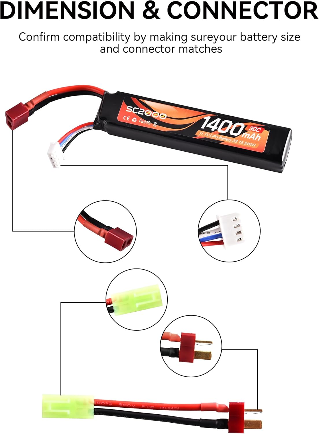 RunCam 11.1V LiPo Battery - 1400mAh 30C Rechargeable Stick Battery with T Plug | Mini Tamiya Cable for Airsoft Guns