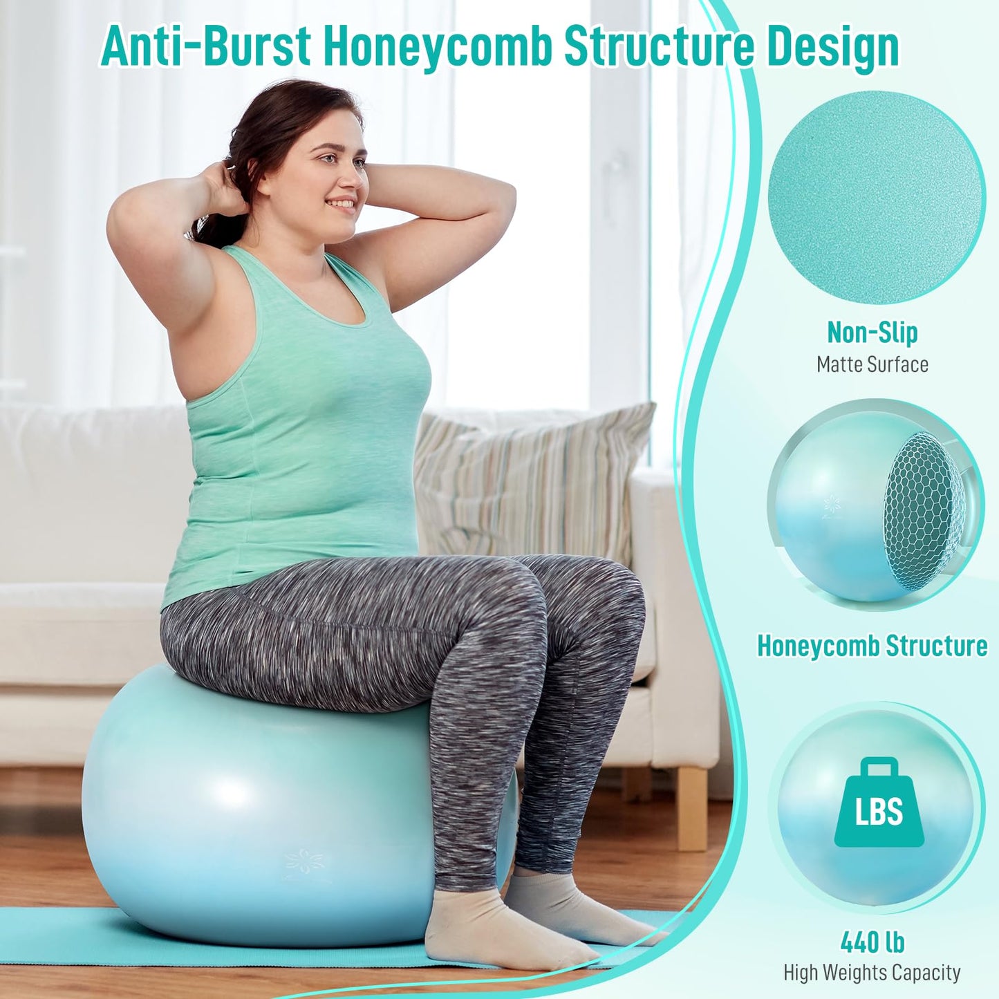 Sportneer Extra Thick Exercise Ball - 25.6''Yoga Ball with Quick Pump - Anti-Burst and Slip Resistant Fitness Ball Chair for Pregnancy and Physical Therapy (Blue Green)