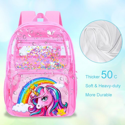 FTJCF 3Pcs Pink Clear Backpack for Girls, kids Transparent Bookbag, Heavy Duty PVC See Through Backpack Set(Pink Unicorn)