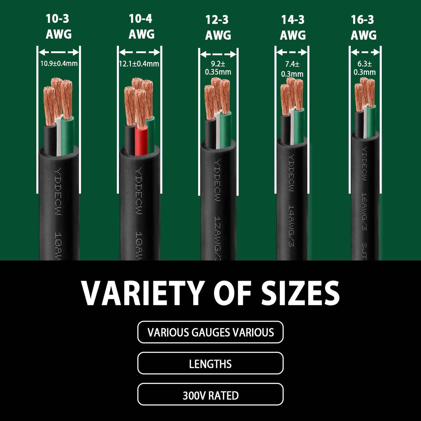 YDDECW 50ft 10/3 10 AWG SJTW 300V Wire (3 Conductor) - 10 Gauge SJTW Cable with UV-Resistant Jacket for Motor Leads, Battery Chargers and Machine - 3 Conductor - 50 Feet Electrical Wire