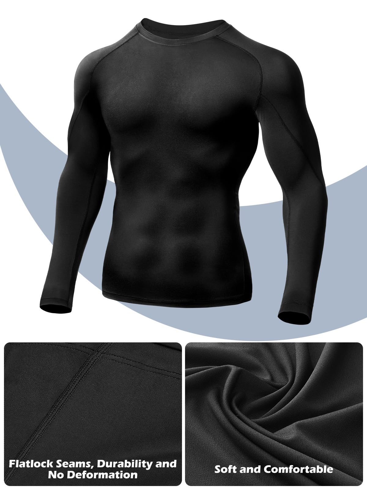 Odoland 3 Pack Long Sleeve Compression Shirts for Men, Crew Neck Sports Undershirt, Athletic Base Layer Top for Workouts Gym,Black*3,XXXL