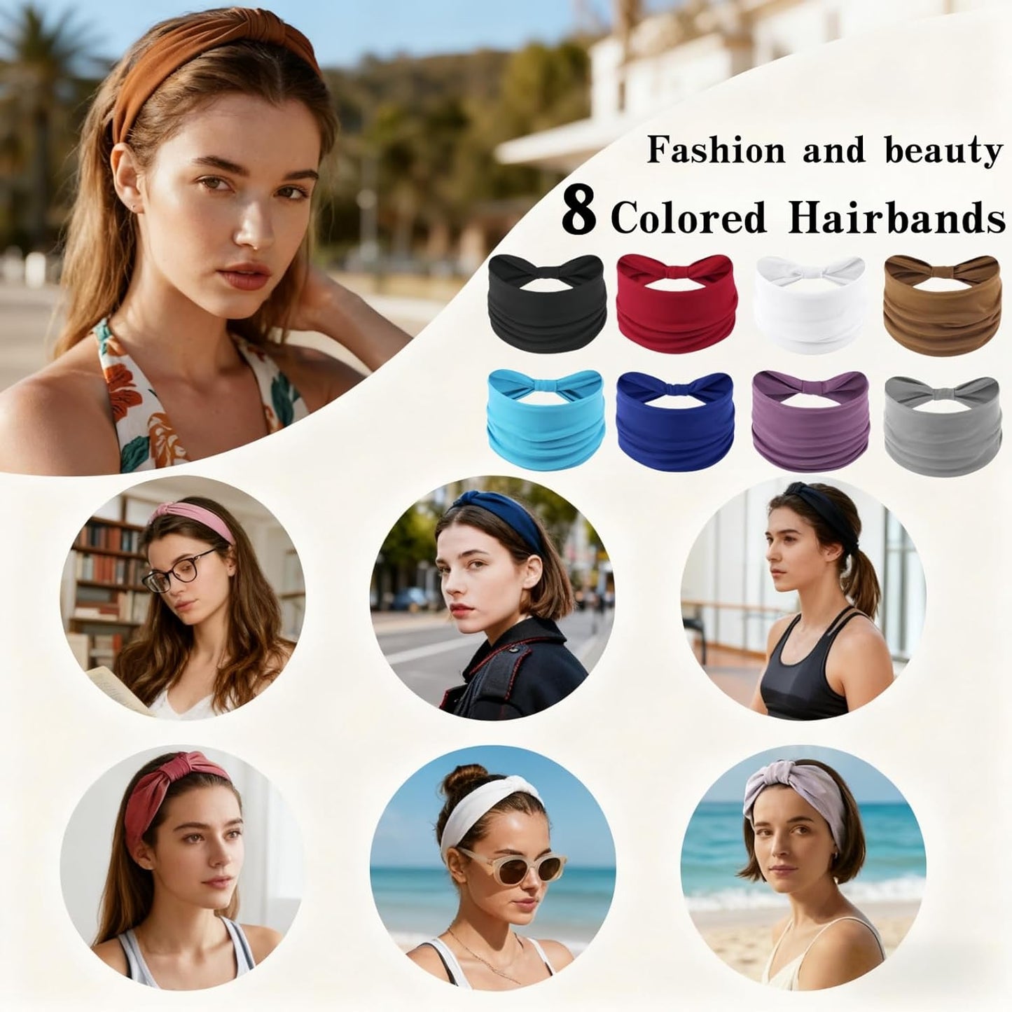 Skiennix Wide Elastic Headbands - Soft Knotted Design for Makeup & Sports | 8-Pack Non-Slip Hair Bands