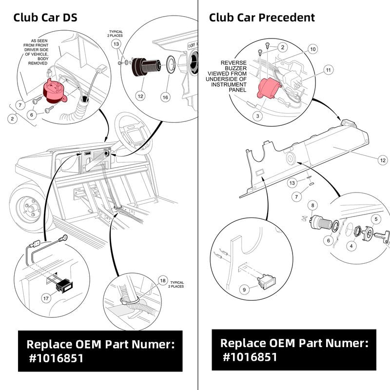 Roykaw Golf Cart Forward/Reverse Buzzer Alarm Sounder for Club Car DS/Precedent 1992-up G&E Golf Cart, 12 V-48 V, 80 dB Sound, 2 Pin Beep Speaker (No Wires), OEM# 1016851
