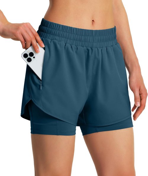 Ksmien Women's 2-in-1 Running Shorts - Quick Dry Athletic Gym Workout Shorts with Liner & Phone Pockets