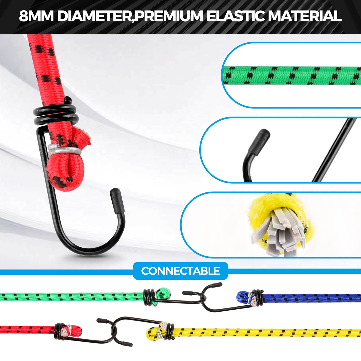 Veppak-Bungee Cords with Hooks, 6 Pack Elastic Bungee Straps Includes 24", 16",Heavy Duty Outdoor Bungie Straps to Packing for Camping, Tent, Storing Packages, Fastening Items (6)