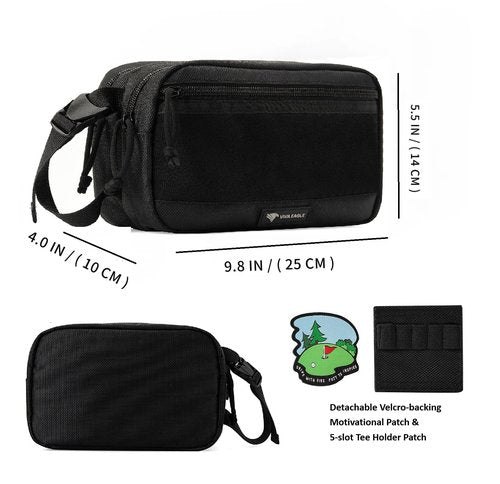 VIVA EAGLE Golf Pouch Bag for Balls Accessories Valuables | Hook-and-Loop Front Panel | Detachable Tee Holder and Motivation Patches | 10 Bamboo Tees 3-1/4 inch | Gym Sports Travel Tactical