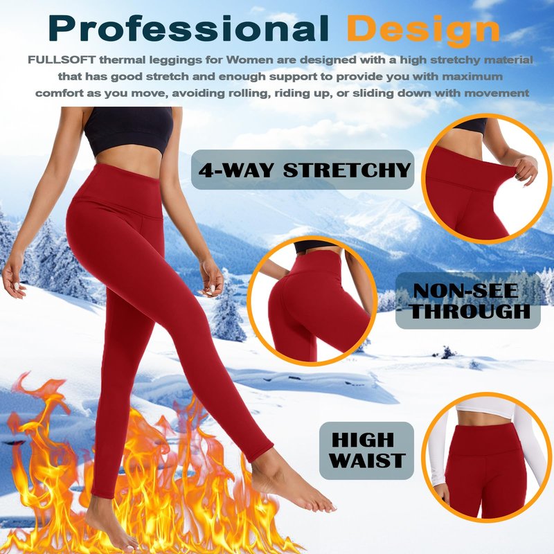 FULLSOFT Fleece Lined Leggings for Women – Thick High Waisted Winter Warm Yoga Pants Workout Tummy Control Thermal Warm Leggings(Red,Medium)