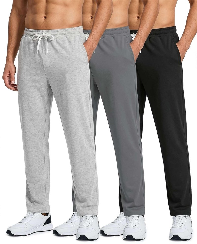 Real Essentials 3 Pack: Men's French Terry Open Bottom Sweatpants - Casual Lounge Comfort Gym with Pockets- Set 3,M