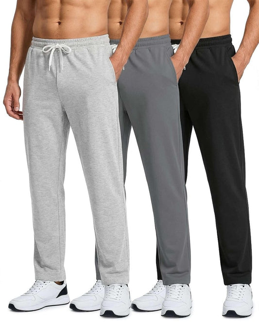 Real Essentials 3 Pack: Men's French Terry Open Bottom Sweatpants - Casual Lounge Comfort Gym with Pockets- Set 3,M